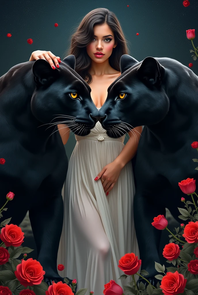two beautiful and mysterious black panthers staring at each other with a piercing gaze one night. in the middle of them, Aphrodite, the mythological goddess of beauty and love. quero que Aphrodite esteja em sua versão mais intensa, passionate, sensuous, angelic and charismatic! quero Aphrodite em sua versão original, looking mythological even. quero que Aphrodite esteja acariciando as panteras e quero as panteras bem penetrantes, but looking forward. I want there to be red roses and red tulips scattered in the air, but mainly on the floor. tanto Aphrodite quanto as panteras precisam estar numa versão mais intimidadora. Aphrodite e as panteras tem que estar de pé. Aphrodite tem que estar com cabelos castanhos escuros e lisos, brown dark eyes, rosy cheek and red mouth. Aphrodite tem que estar com unhas vermelhas. as panteras tem que estar olhando para o mesmo lugar que Aphrodite olha. the image has to exude mystery, grandeur and sweetness at the same time. Aphrodite tem que estar de roupa branca e a noite tem que estar escura e estrelada. Aphrodite tem que estar atrás das panteras de alguma forma que ela apareça entre elas mas tenha uma presença marcante. Aphrodite tem que estar de roupa branca, simple and delicate, típica das deusas do Olimpo mas que de alguma forma seja sensuous. the panthers have to take up most of the image. Aphrodite tem que remeter a Grécia antiga