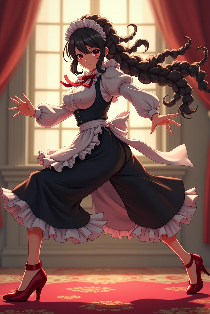 anime styling, Maid, red shoes, long black hair in braids, photo in 8k, in action, fighting move