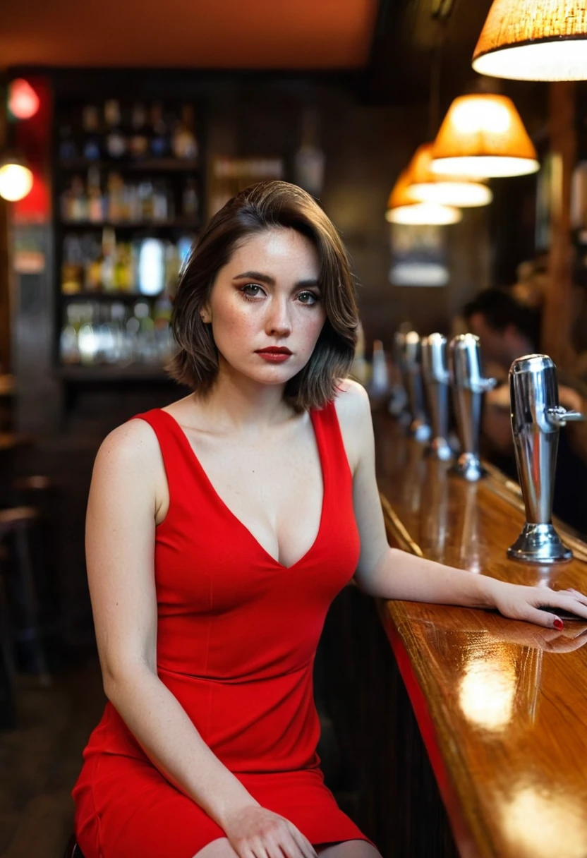 a woman sitting at a bar in a pub, red short sleeveless dress, melancholic expression, photorealistic, sexy, provocative