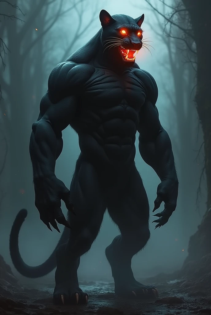 Panther with fire eyes standing on two legs