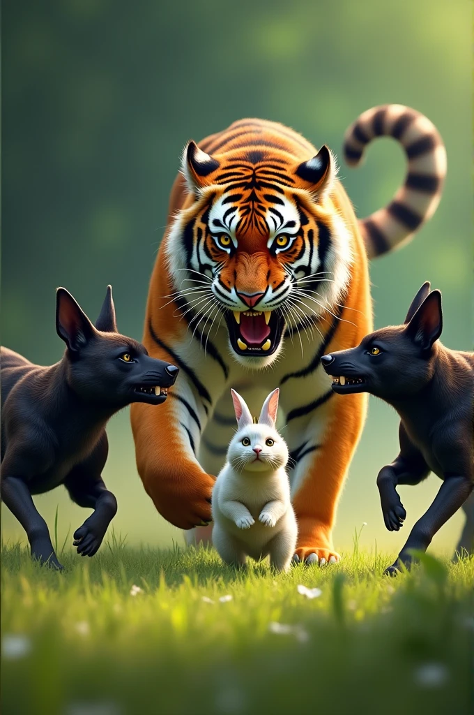 A big tiger come and save brown cat and white rabbit from two black wild dog in the green ground