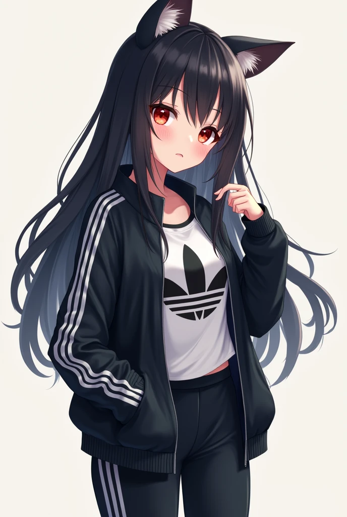 Anime girl with long black hair adidas clothes red eyes cat ears 