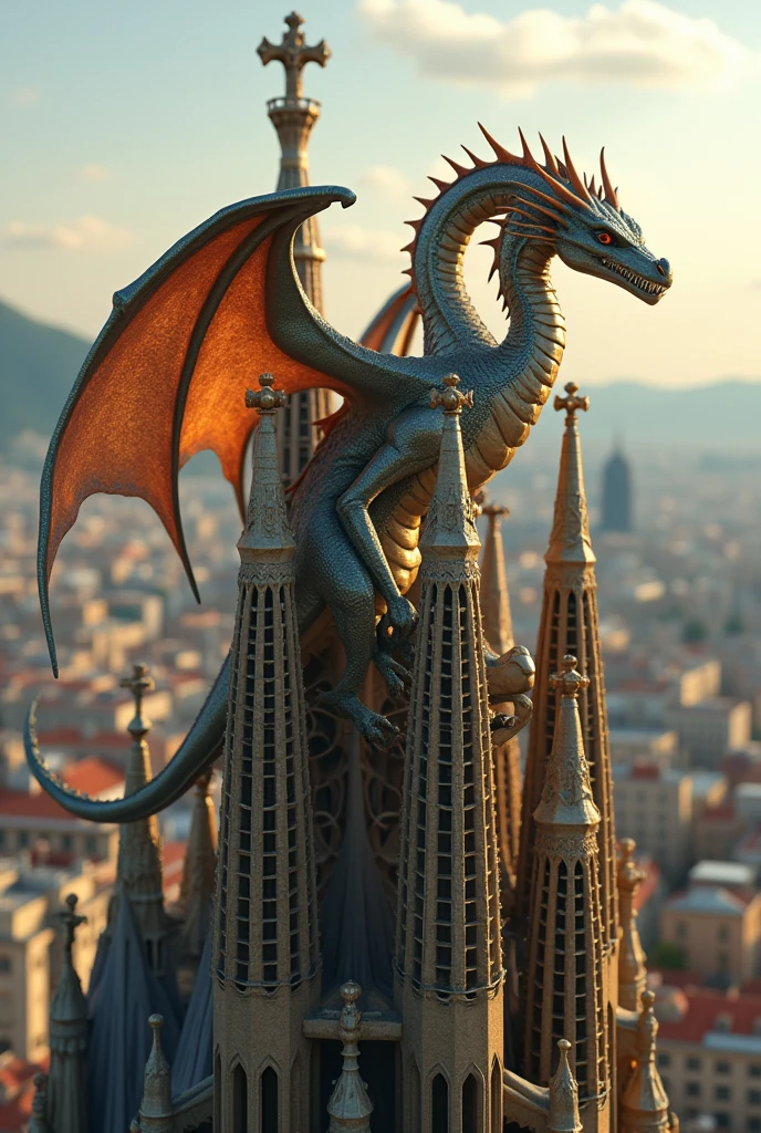 i want a photorealistic dragon on the sagrada familia of barcelona