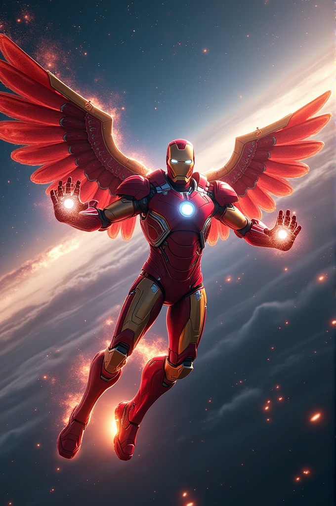 Create an image of Iron Man with wings in 4K in 3D making a jewel sign flying in space