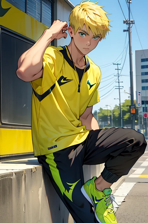 Make a blond boy with green eyes with a low fad haircut and a yellow shirt with the Nike symbol on the chest and Mizuno sneakers.