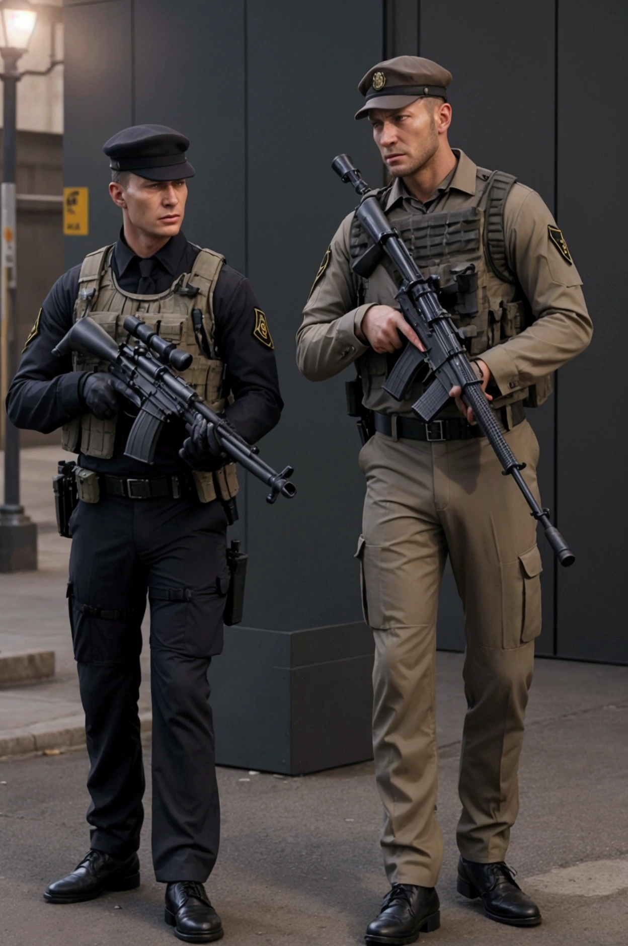 Very realistic sniper shooting a man in a suit.I want it in a city environment and to be seen. Guards armed with machine guns,pistols... super realistic 