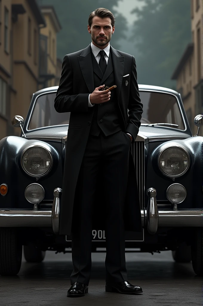 A with eyeglass and cigar in hands with black coat pant and standing in front of rolls royce and