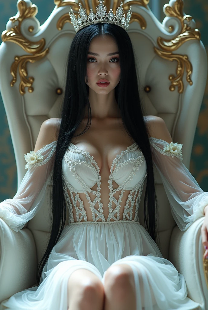 (masterpiece, best quality, ultra-detailed, best shadow), (detailed background, pastel fantasy), (beautiful detailed face), high contrast, (best illumination), a sexy queen seated in a throne, Ana de Armas, white skin and very long straight black hair, white silk mesh clothing, tiara, expression with a malevolent smile, open legs, low angle shot,