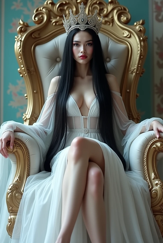 (masterpiece, best quality, ultra-detailed, best shadow), (detailed background, pastel fantasy), (beautiful detailed face), high contrast, (best illumination), a sexy queen seated in a throne, Ana de Armas, white skin and very long straight black hair, white silk mesh clothing, tiara, expression with a malevolent smile, open legs, low angle shot,