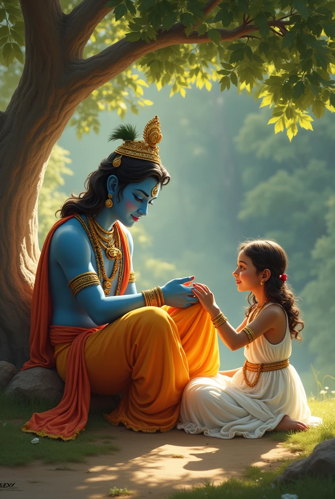 Generate a pic with Lord krishna and a girl wearing white dress and has a name on the dress is... Honey. They both sitting down the tree and lord krishna is singing a song with his flute. Girl sits near the legs of lord krishna and taking his blessings by touching his legs. Girl has a name honey on her waist with black color