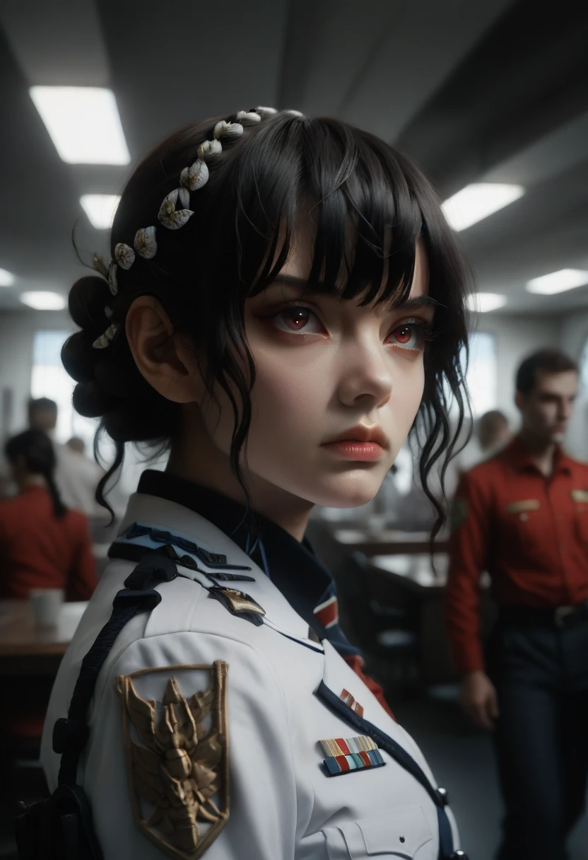 Movie Poster,Anime Reference 86 ,Science Fiction,Sci-Fi,Movies,War Action Movies,Multiple Characters,Women,Adults,Black Hair,(Pia bangs hairstyles : 1.8 ),wearing red glasses,general's uniform,white commander uniform,realistic face details,realism,3d face,((braided hairstyle)),((braided hairstyle)),