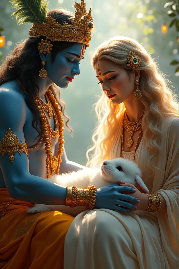 Lord Shri Krishna and goddess Radha ji comes to earth and take the white colour rabbit’s soul with them while he is taking his last breath in his human’s lap 