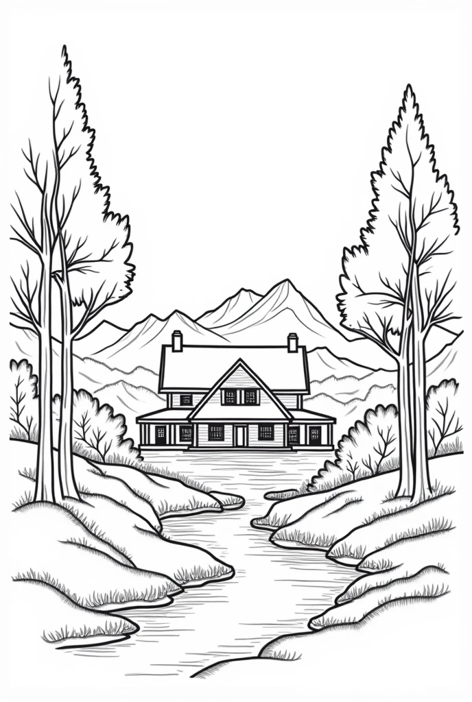 Landscape with a country house, trees, a river, mountains in the background, only outline of the drawing, black and white