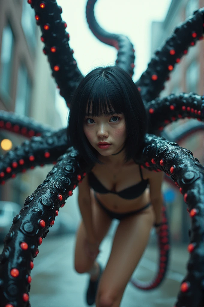 doctress octopus is actually a cute asian german mix girl 18yo with bobcut black shiny hair wearing bikini crawling all over the city with her long impervious mechanical tentacle arms, superhero movie shot 64k uhd super detailed dramatic wide camera canon eos r850 from below