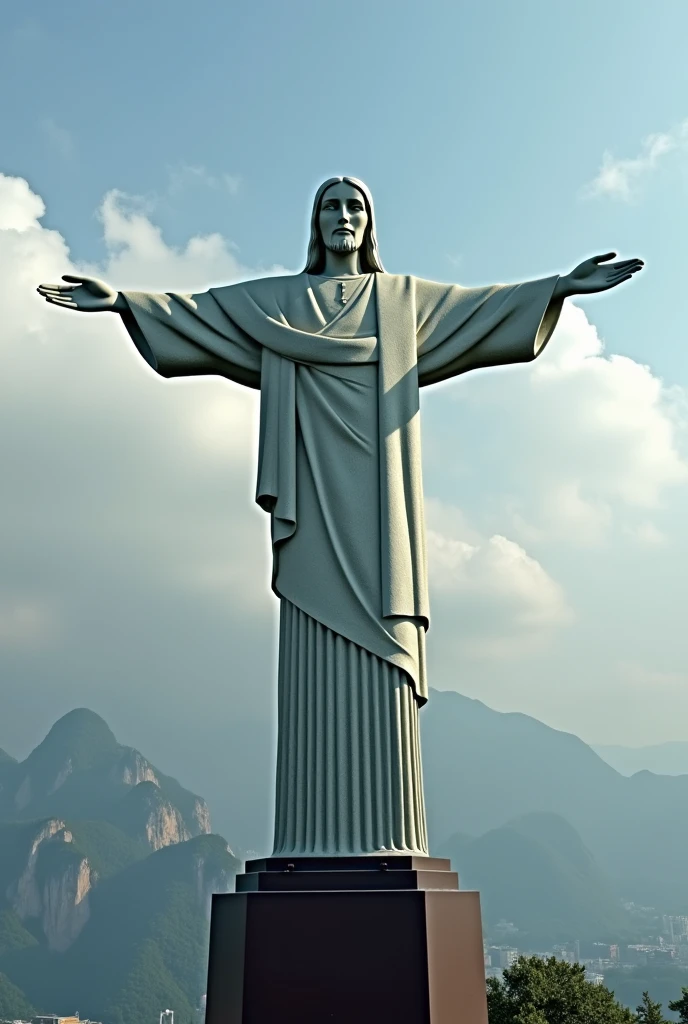 Create an image with the image of the statue of Christ the Redeemer in each hand making the number 4 with the fingers of each hand in allusion to the age 44