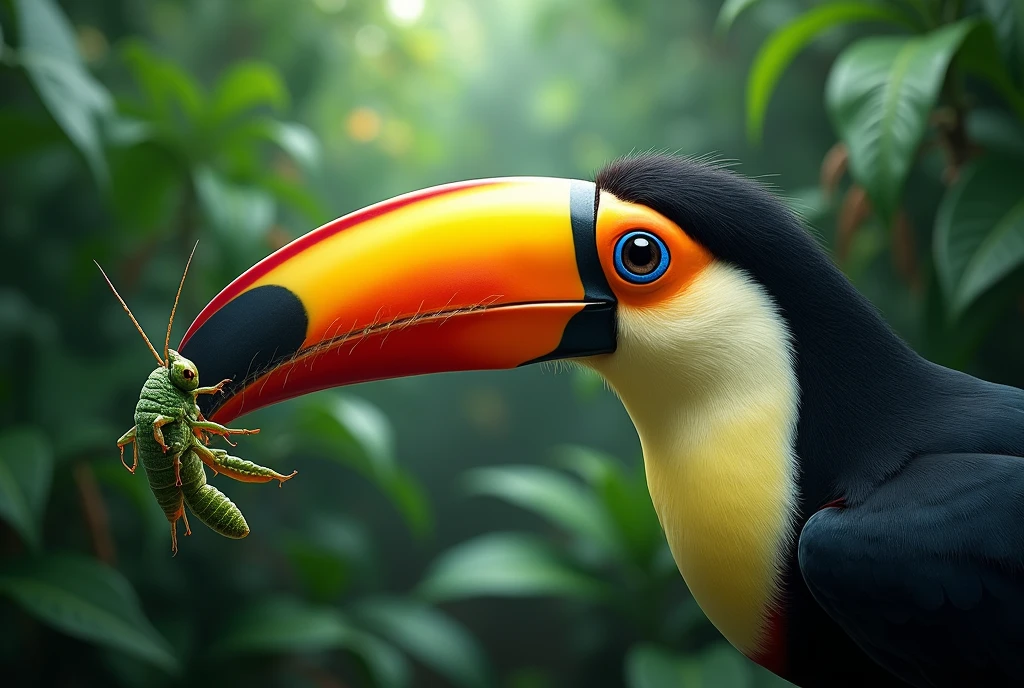 In the lush green Amazon rainforest, a toucan is holding a grasshopper in its beak. The scene is a close-up, focusing on the toucan's vibrant eye and its beak as it prepares to eat the grasshopper. The background is filled with dense, verdant foliage, and the atmosphere is vibrant and full of life. The toucan's colorful feathers are detailed, and the moment captures the natural behavior of the bird in its habitat.