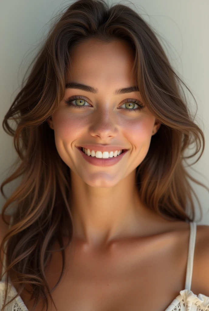  (photorealism : 1.1), visage, wife, brune, yeux vert clair, Italian, with a smile, age 19,  naturel
