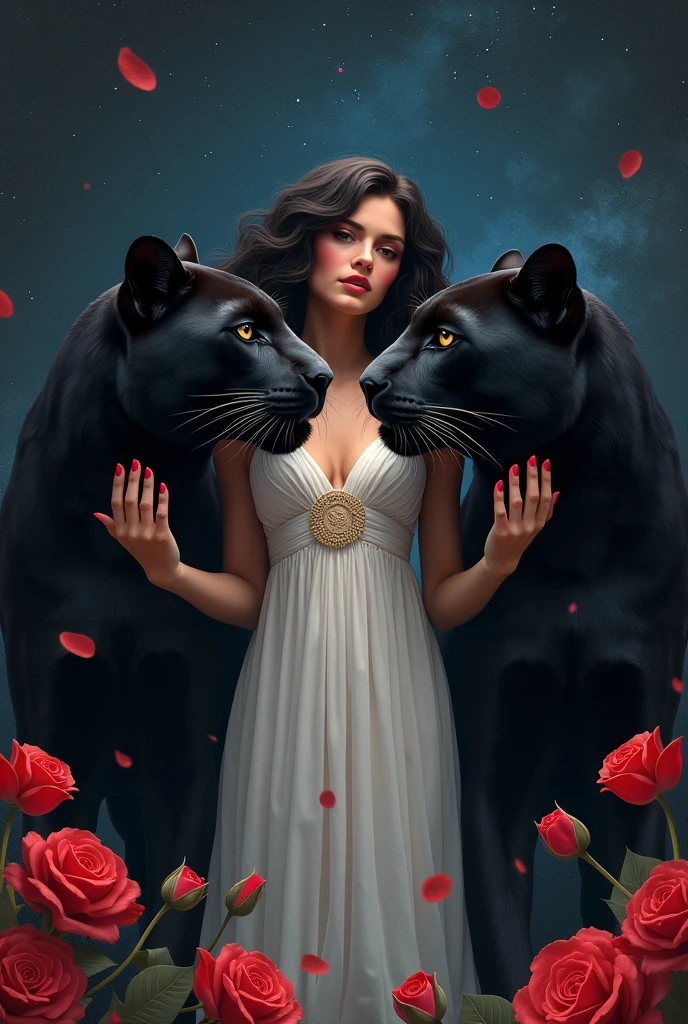 two beautiful and mysterious black panthers staring at each other with a piercing gaze one night. in the middle of them, Aphrodite, the mythological goddess of beauty and love. quero que Aphrodite esteja em sua versão mais intensa, passionate, sensuous, angelic and charismatic! quero Aphrodite em sua versão original, looking mythological even. quero que Aphrodite esteja acariciando as panteras e quero as panteras bem penetrantes, but looking forward. I want there to be red roses and red tulips scattered in the air, but mainly on the floor. tanto Aphrodite quanto as panteras precisam estar numa versão mais intimidadora. Aphrodite e as panteras tem que estar de pé. Aphrodite tem que estar com cabelos castanhos escuros e lisos, brown dark eyes, rosy cheek and red mouth. Aphrodite tem que estar com unhas vermelhas. as panteras tem que estar olhando para o mesmo lugar que Aphrodite olha. the image has to exude mystery, grandeur and sweetness at the same time. Aphrodite tem que estar de roupa branca e a noite tem que estar escura e estrelada. Aphrodite tem que estar atrás das panteras de alguma forma que ela apareça entre elas mas tenha uma presença marcante. Aphrodite tem que estar de roupa branca, simple and delicate, típica das deusas do Olimpo mas que de alguma forma seja sensuous. the panthers have to take up most of the image. Aphrodite tem que remeter a Grécia antiga