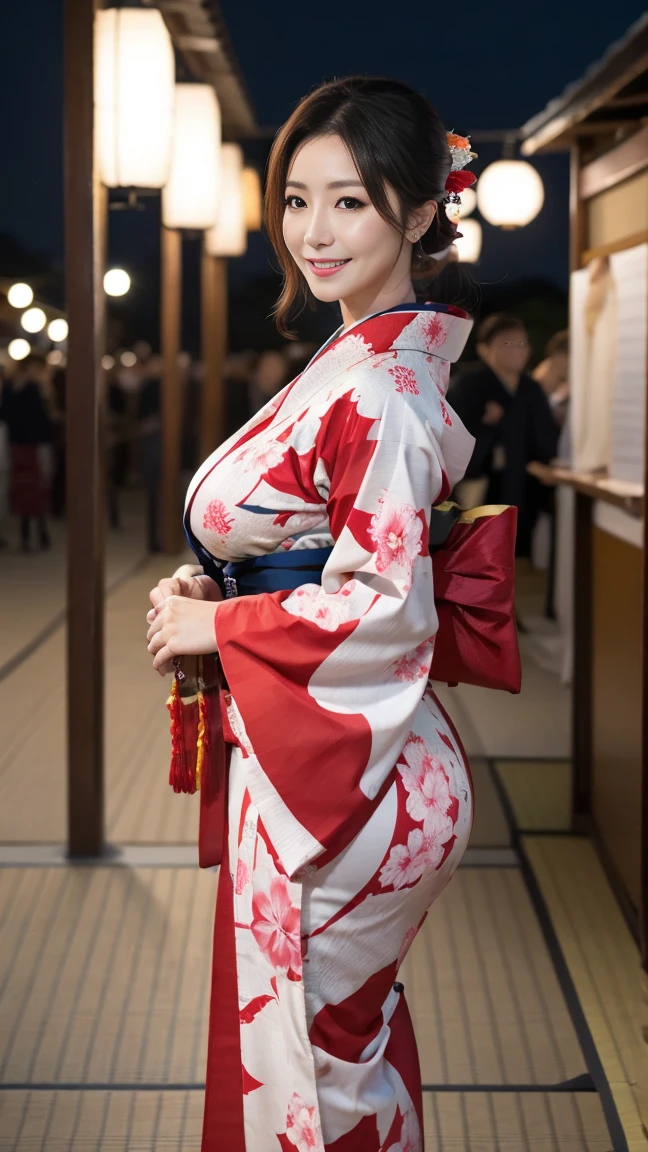 ((facing back:1.5))、(high-level image quality、hightquality、hight resolution、detaileds、masterpiece)、(There are mature and beautiful women)、I'm 43 years old、(Looking at the camera:1.2)、ssmile、(A pure Japanese hairstyle with a beautiful hairpin)、(Light brown hair)、(being thin:1.2)、(Small:1.2)、(Bra and thong with large kimono-style decorations:1.2)、She wears a collar, bangles, and a kimono-style garter belt.、(holding a golden dragon in both hands)、The pose is so cute and nice、(Visiting a shrine for the first time in a crowd of people:1.2)