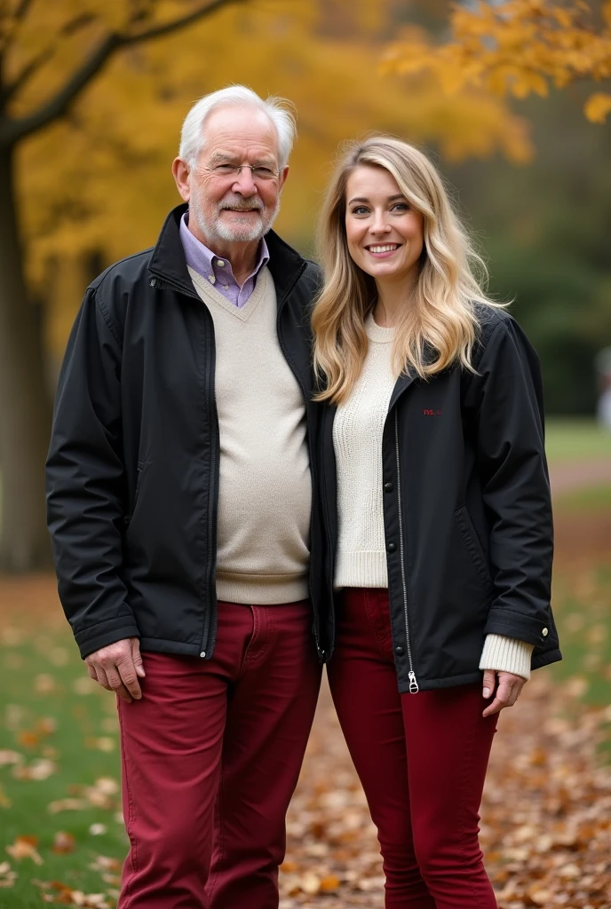 Create a realistic image of a 20 year old woman, long blonde hair, blue eyes, cheekbones, ((full body)),
dressed in red colored jeans, a white colored sweater, a black colored jacket, with his grandfather, background image: in a garden in autumn, from head to toe, full body, hyper realistic photo