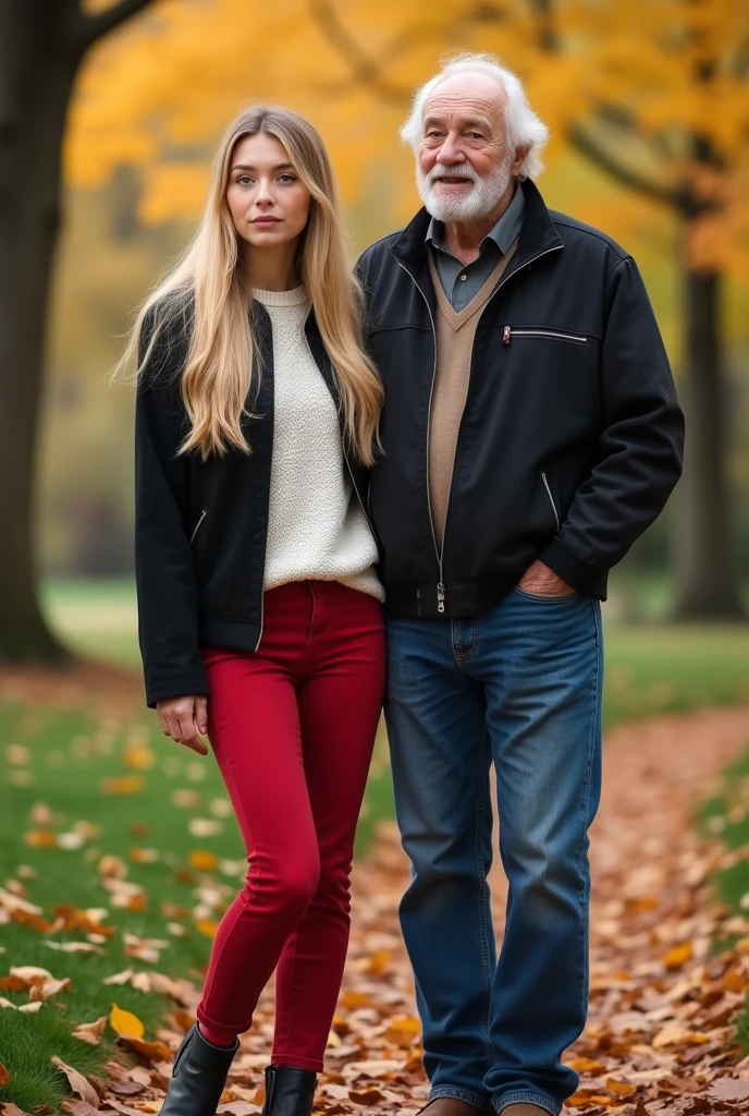 Create a realistic image of a 20 year old woman, long blonde hair, blue eyes, cheekbones, ((full body)),
dressed in red colored jeans, a white colored sweater, a black colored jacket, with his grandfather, background image: in a garden in autumn, from head to toe, full body, hyper realistic photo