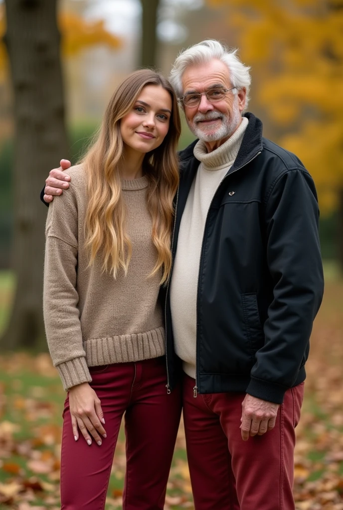 Create a realistic image of a 20 year old woman, long blonde hair, blue eyes, cheekbones, ((full body)),
dressed in red colored jeans, a white colored sweater, a black colored jacket, with his grandfather, background image: in a garden in autumn, from head to toe, full body, hyper realistic photo