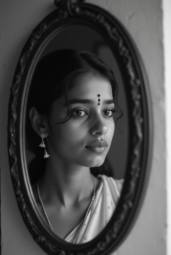 Kerala typical girl selfy, make it black and white and a mirror selfy, make more orginality