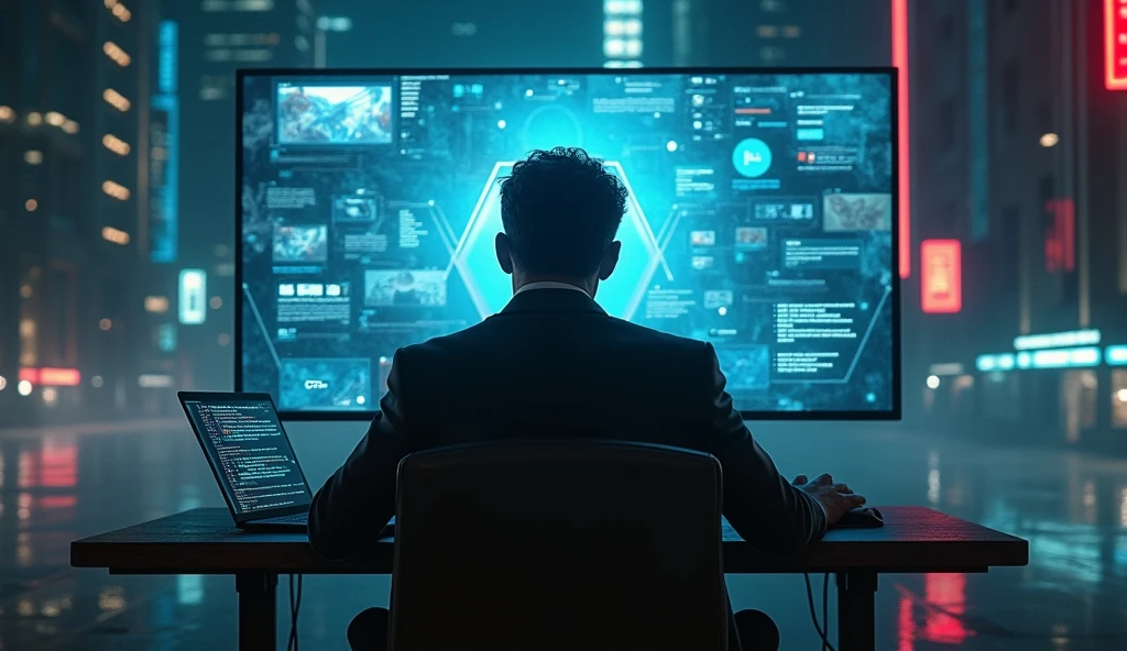 A man sitting on chair and running a laptop and controlling a youtube and in background have cyberpunk. A subtle power that dominates the minds of his audience. Make it more dominanting