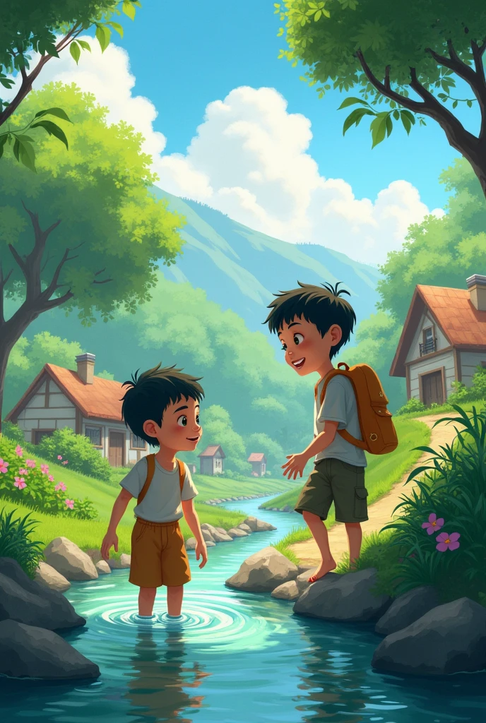 Two boys walking in a world of lush nature. One of the boys getting ready for the river and with a defective face
.
Show houses and a river.
