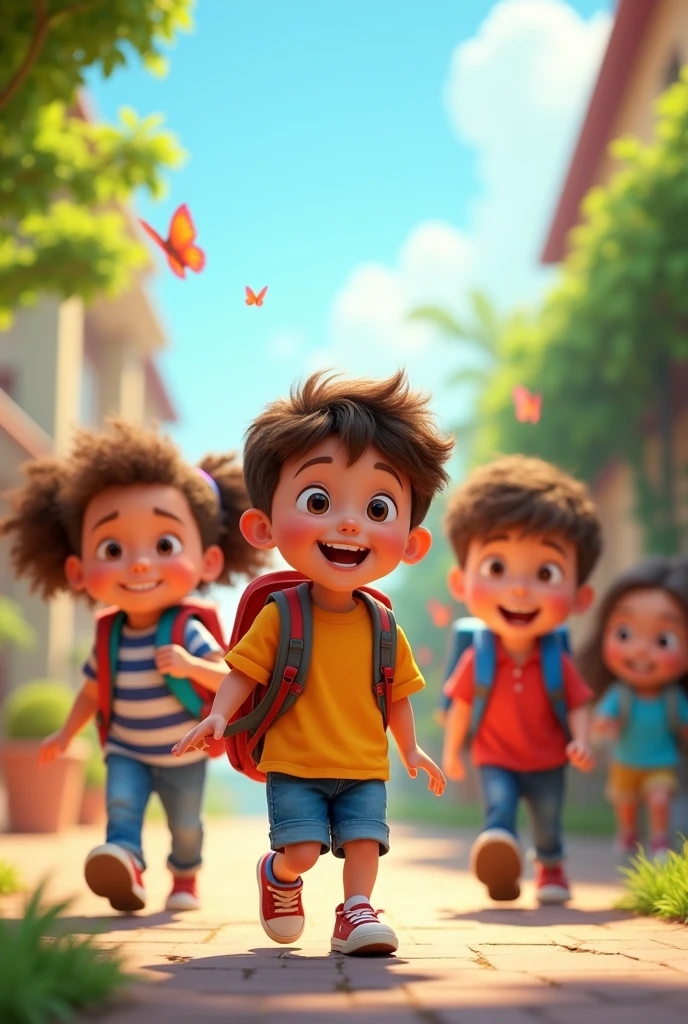 Animation of children happily with bags in their shoulders 

