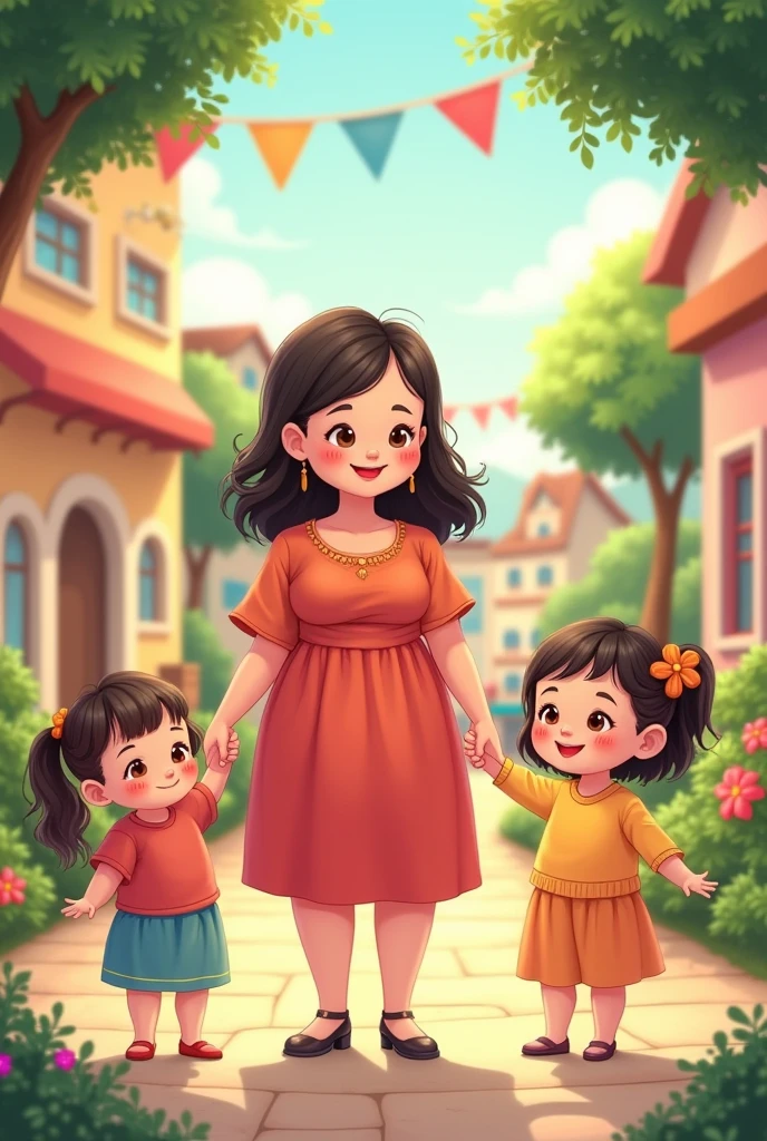 Cartoon of a girl with a pretty chubby girl holding hands with her two daughters, one  and the other  