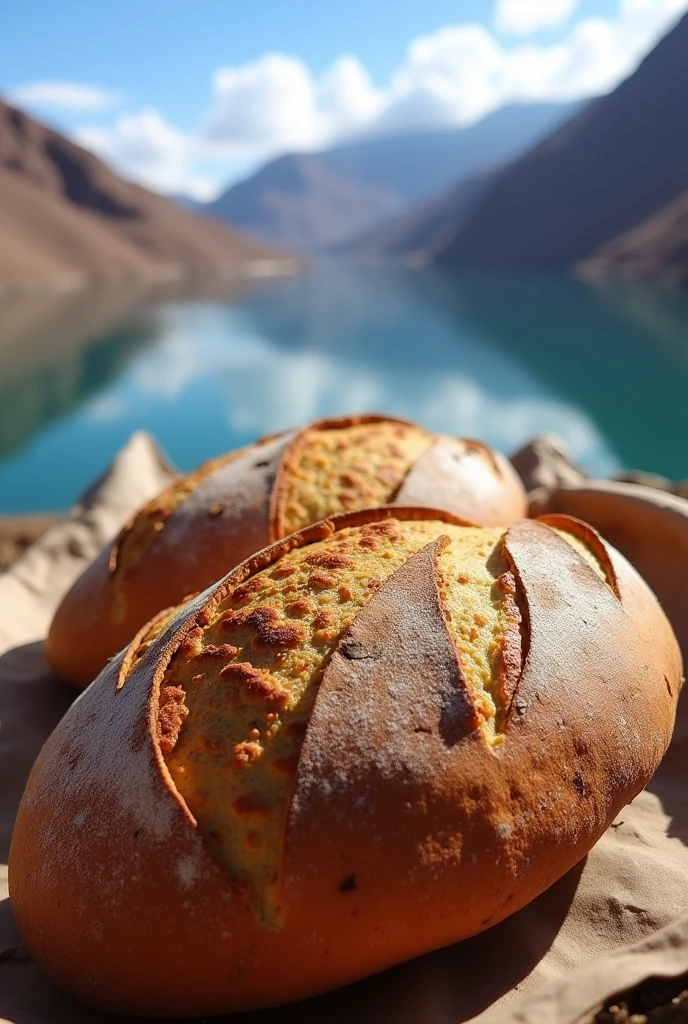 Artisanal bread from Puno in Peru for social networks image with the background of Lake Titicaca