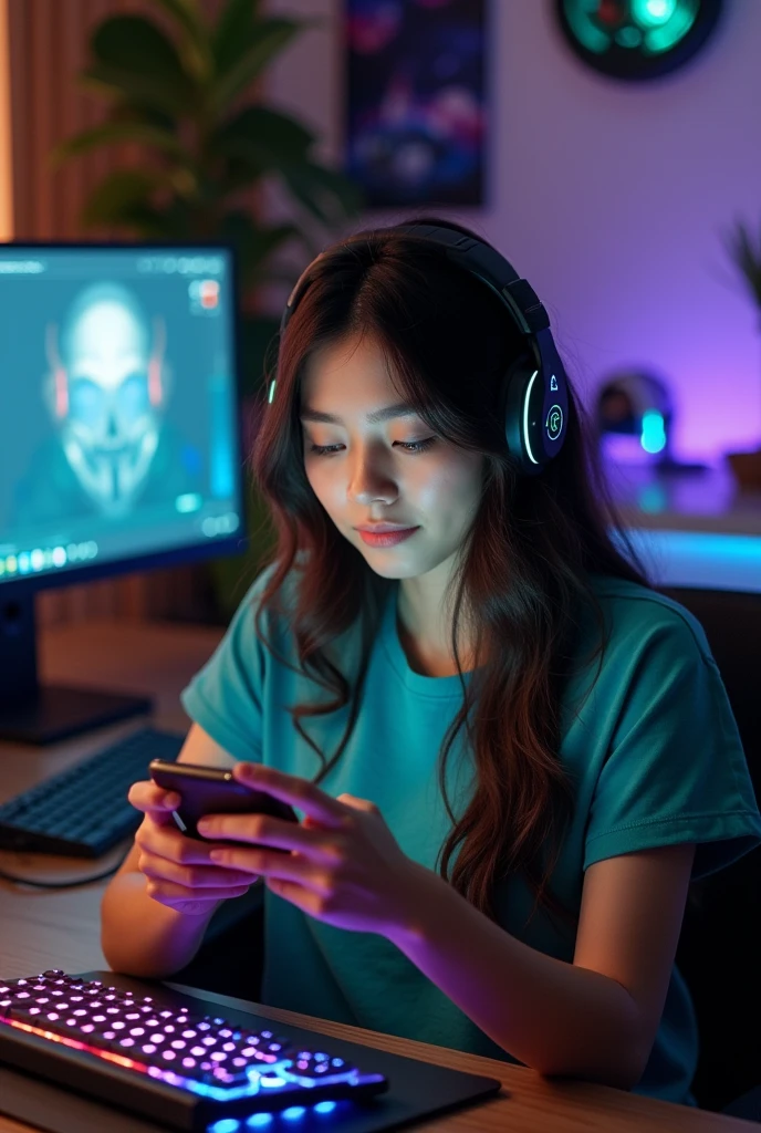 a beautiful 1 asian woman sitting at her desk playing games on a mobile device. The office is decorated in a game style