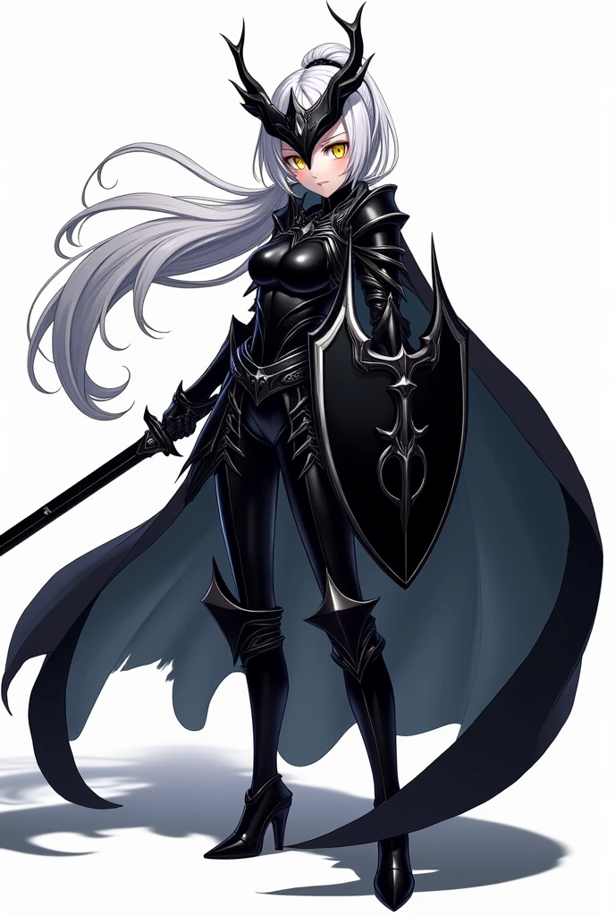 Medium-height anime girl, long white ponytail tail hair, yellow eye, holding a black sword with shield black color. Wearing black knight armor, Dragon horn helmet with long black cape flowing. Manga art style with white background.