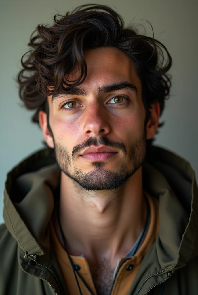He is a young man in his 20s with dark brown hair and hazel eyes. full lips, short but neat beard, height 1.75, features not sharp His weight is 78 kg, his face does not have hard features realistic photoslightly full-bodied hunter eye