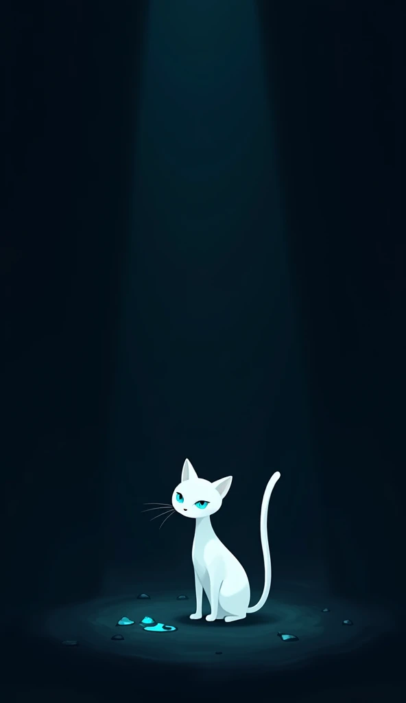 a silhouette of a tiny white cat with blue eyes in the dark, dark background, minimalist, ambience light