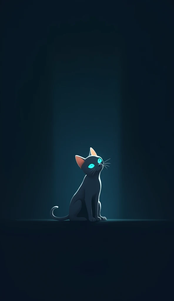 a silhouette of a tiny white cat with blue eyes in the dark, dark background, minimalist, ambience light