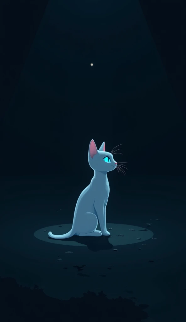 a silhouette of a tiny white cat with blue eyes in the dark, dark background, minimalist, ambience light