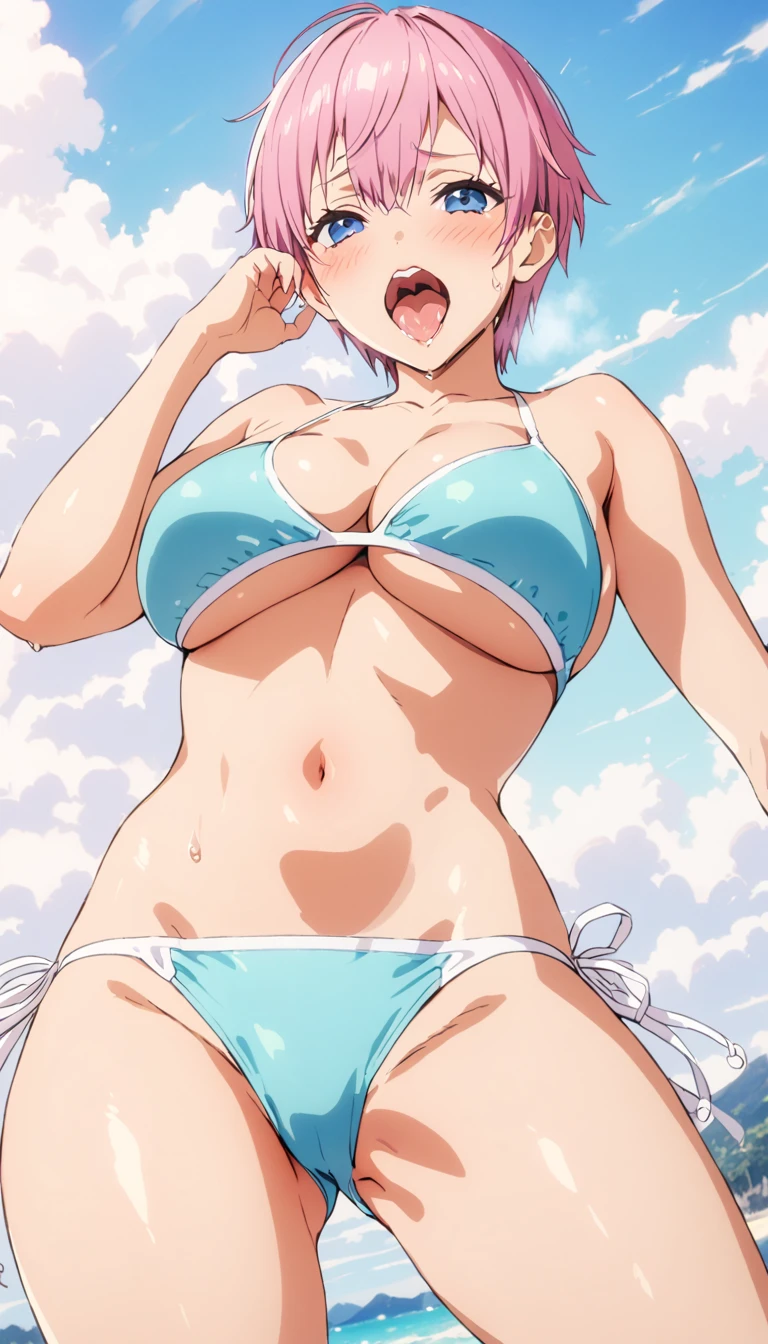 (Highest quality, 4K, 8k, High resolution, masterpiece:1.2), Very detailed, Picturesque, Animated Photography, Photo Animation:1.37)、Japanese girl、(Pink Hair)、(Pixie Cut)、Swimwear、Ecstasy face、Sweat、Are crying、vapor、Open your mouth、Nakano Ichika
