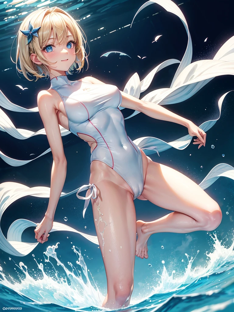Anime style, super fine illustration, super clear illustration, highly detailed, beautiful detailed, super pale tone image, super delicate illustration, super calm & static image, static representation, gentle expression, 8k, pretty 1girl with blonde straight short hair & blue eyes & a bright smile & Big breasts & nipples & soft fair skin is wearing the competitive swimsuit in the swimming pool, happy stories, solo, perfect fingers, no more fingers, no less fingers, perfect arms, no more arms, no less arms, perfect legs, no more legs, no less legs, masterpiece,