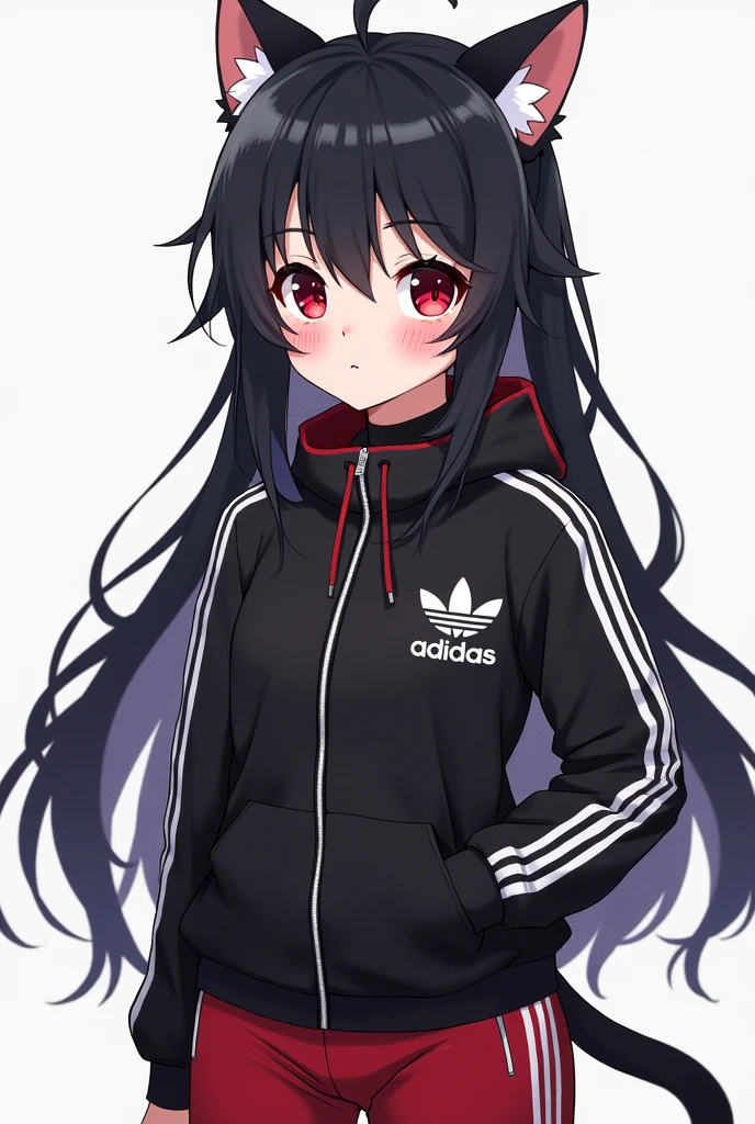 Anime girl with long black hair red eyes cat ears adidas clothes