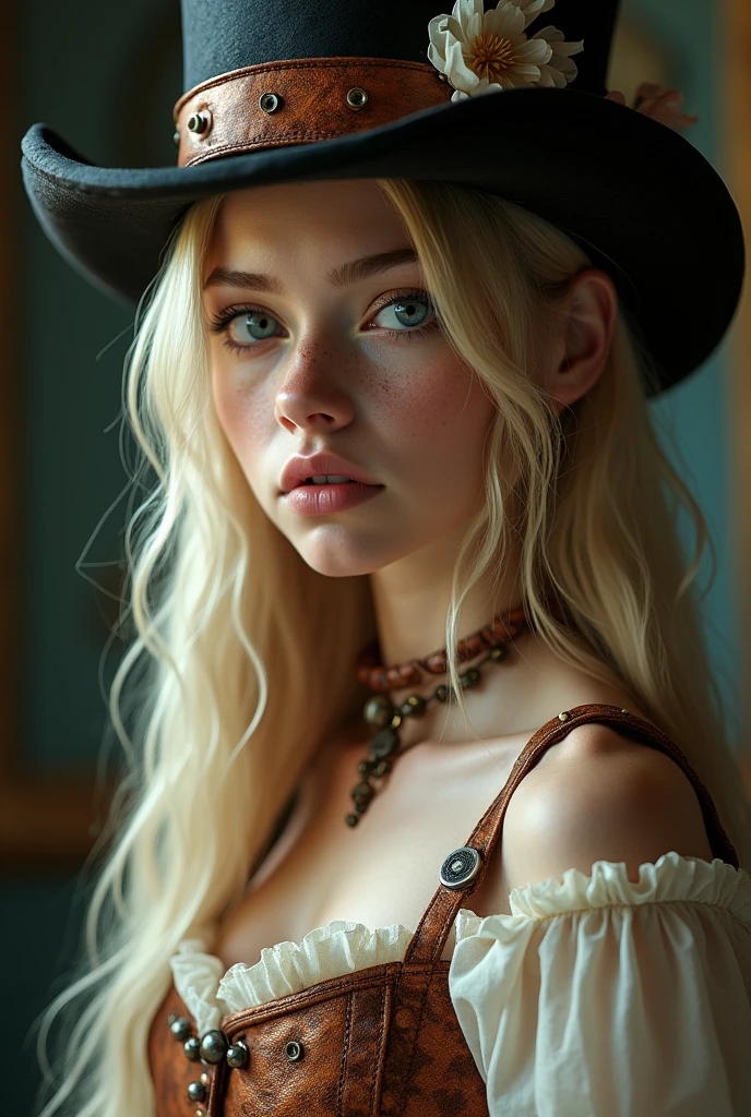 close up 1girl in, teenager, Solo, Aesthetic artwork, blond, straight blonde hair, super long blonde hair, light blue eyes,  some small freckles, pale skin, A-cup, small breasts, runners body, (thin hips, thin waist: 1.25), detailed skin, shy smile, wearing a steampunk dress, leather corset, top hat, ornamental copper, portrait, 50mm, 4k textures, soft cinematic light, RAW intricate, elegant, highly detailed, sharp focus, ((((cinematic look)))), soothing tones, insane details, intricate details, hyperdetailed, low contrast, soft cinematic light, dim colors, exposure blend, hdr, faded, naked, naked, no panties 
