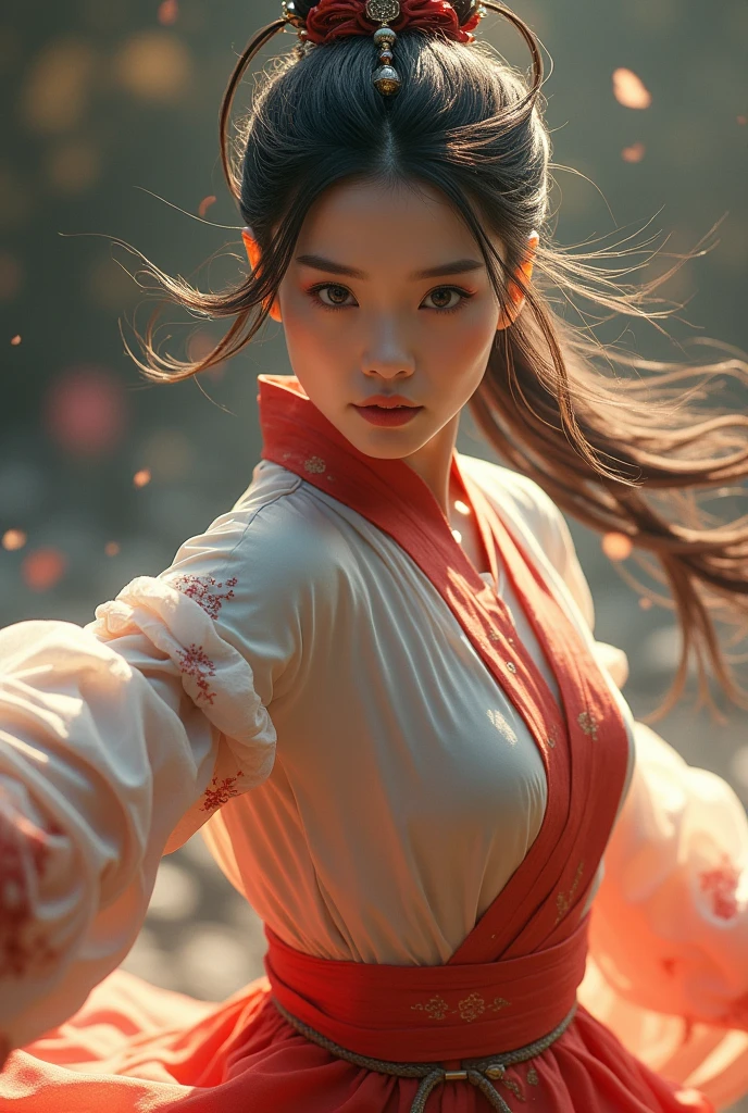 Best Quality, masterpiece, High resolution, wuxia1girl, chinese dress, super beautiful face, super beautiful eye, super beautiful hair, kung fu fight