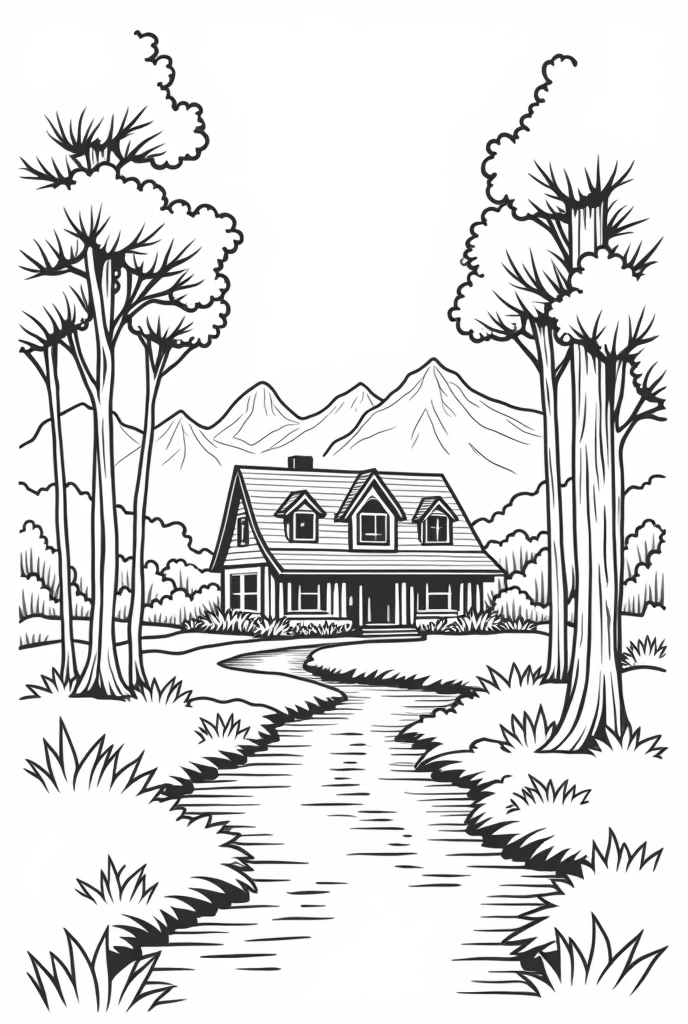 Landscape with a country house, trees, a river, mountains in the background, only outline of the drawing, black and white