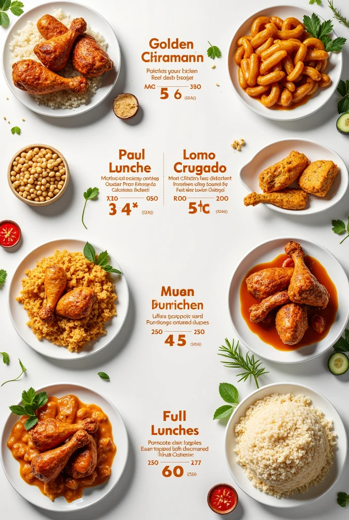 I need an advertisement with the following text: Stewed Chicken: Q7 per servingGolden Chicken: Q7 per portionLomo Crugado: Q7 per servingRice: Q4 o Q5 (according to the portion)videos: Q4 o Q5 (according to the portion)Full Lunches: Q15