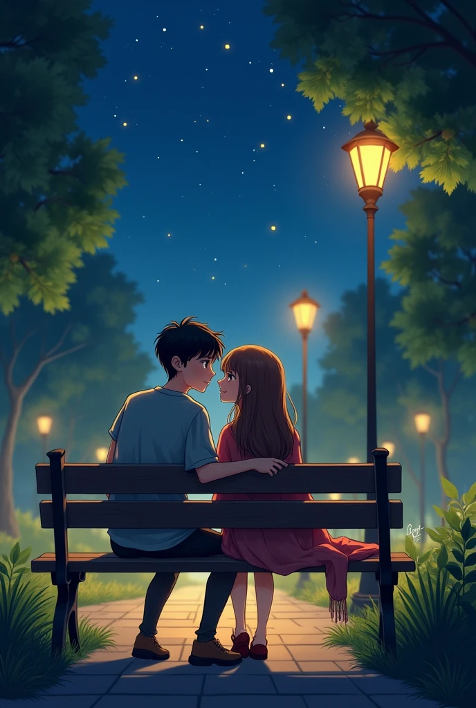 One boy with her girlfriend in bench in night with love
