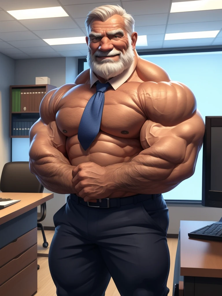 a muscular old man with a beard, no mustache, shirtless, topless, pants, necktie, massive muscular, thick arms, smile, pectoral, standing in office, (best quality,4k,8k,highres,masterpiece:1.2),ultra-detailed,,detailed wrinkles,detailed facial features,detailed texture, half body, halfbody