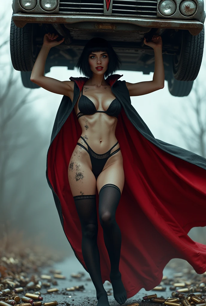 Beautiful dark short haircut blue eyes vampire gothic girl panties stockings high heels big  lencería  big butts sexy lingerie cape .arms on hips while several knives, swords and arrows remain stuck and sunk in his invulnerable body and a sword completely pierces it and his entire body is full of bullet holes mientras levanta un coche por encima de su cabeza riendo 