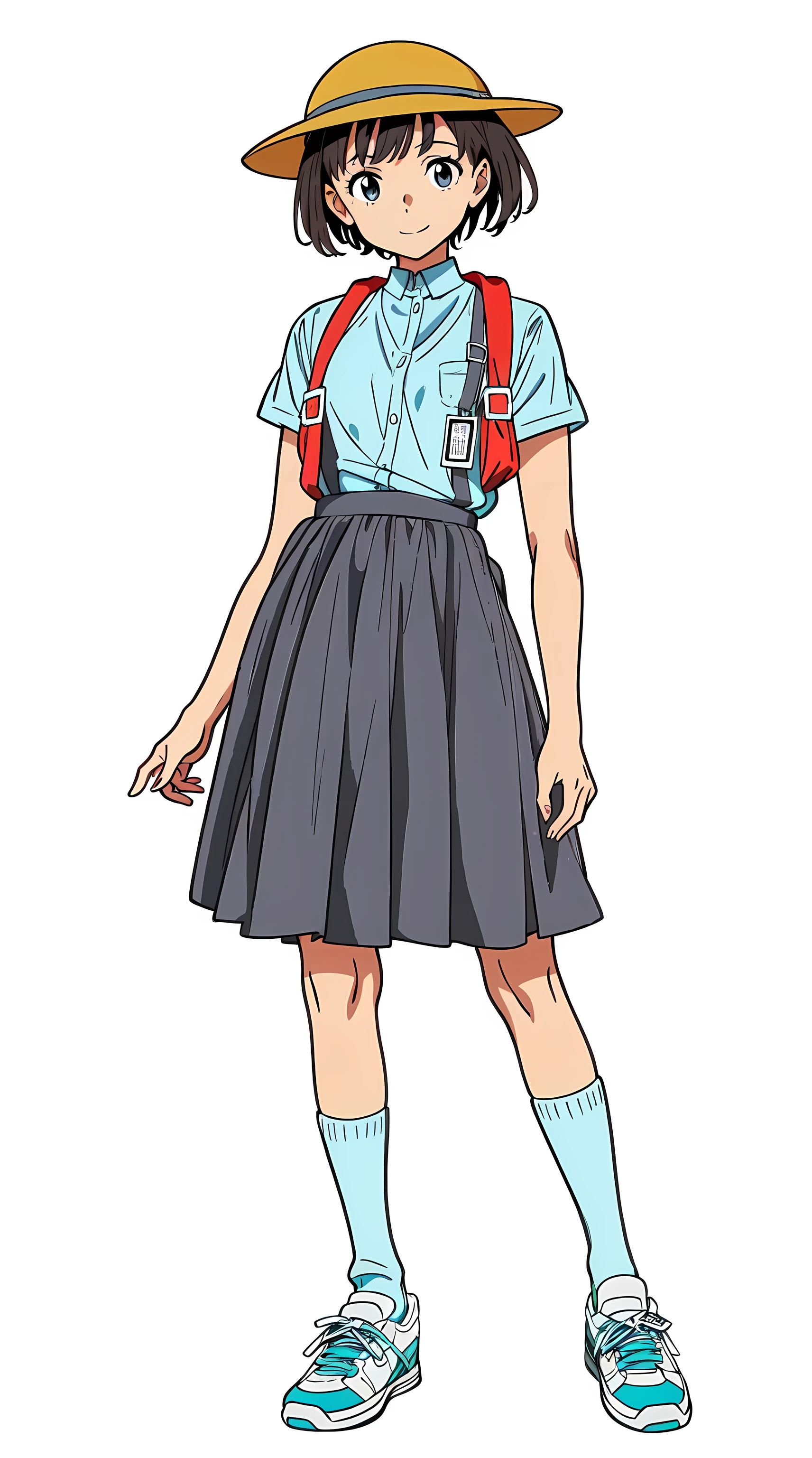 (white background:1.0), (best quality:1.0), (masterpiece:1.0), (super fine illustration:1.0), (beautiful artwork:1.0), (anime screencap:1.0), (official art:1.0), (full body:1.0), (solo:1.0), (a 12yo cute girl:1.0), (yellow hat:1.0), (red randoseru:1.0), (name tag:1.0), (long skirt:1.0), (black skirt:1.0), (pleated skirt:1.0), (white shirt:1.0), (short sleeve dress shirt:1.0), (black thin suspenders:1.0), (sneakers:1.0), (white socks:1.0), (ideal ratio body proportions:1.0), (lanky:1.0), (tall:1.0), (slender:1.0), (small breasts:1.0), (smaller face:1.0), (detailed beautiful eyes:1.0), (detailed beautiful face:1.0), (tareme:1.5), (smile:1.0), (cheerful:1.0), (glowing black eyes:1.0), (short hair:1.0), (blunt bangs:1.0), (black hair:1.0), (standing:1.0), (looking at viewer:1.5)