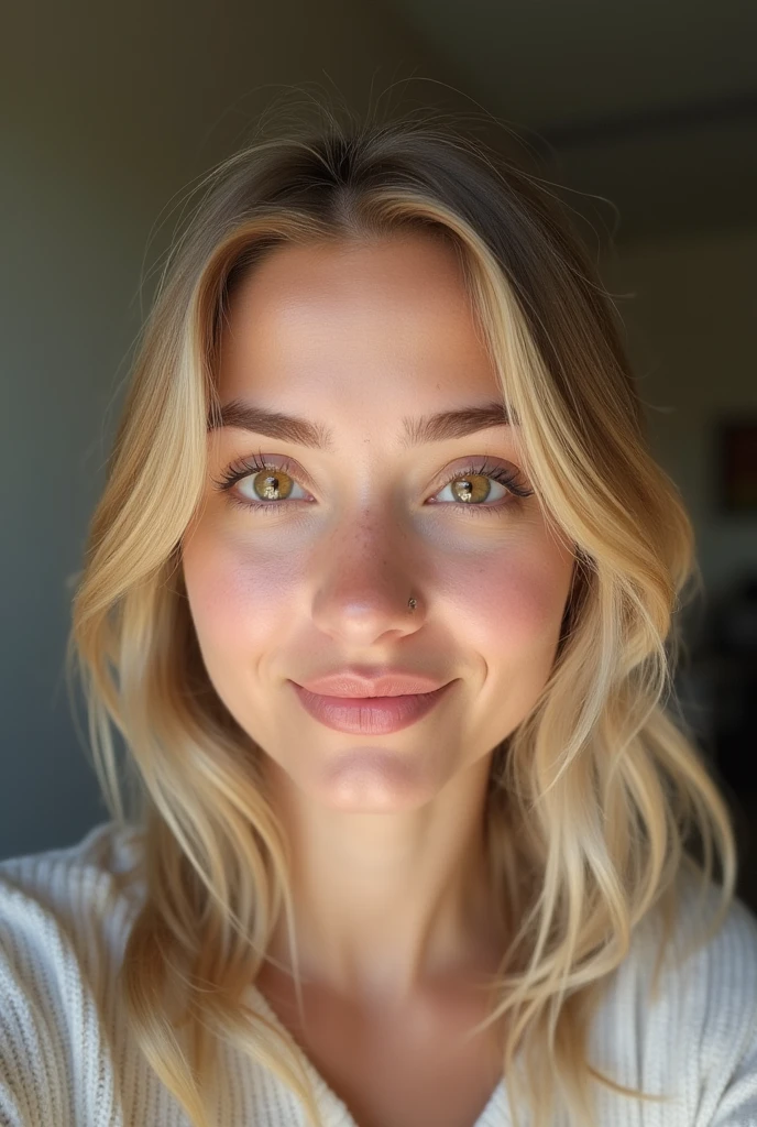 Instagram selife of a young blonde Turkish woman, 2, with a slightly rounded nose and a slightly curved jawline towards the lobes -ar 9:16 -v 5 -